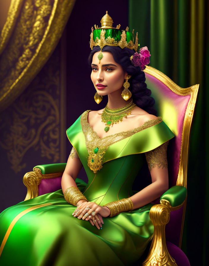 Regal woman in green and gold dress on throne with crown and jewelry