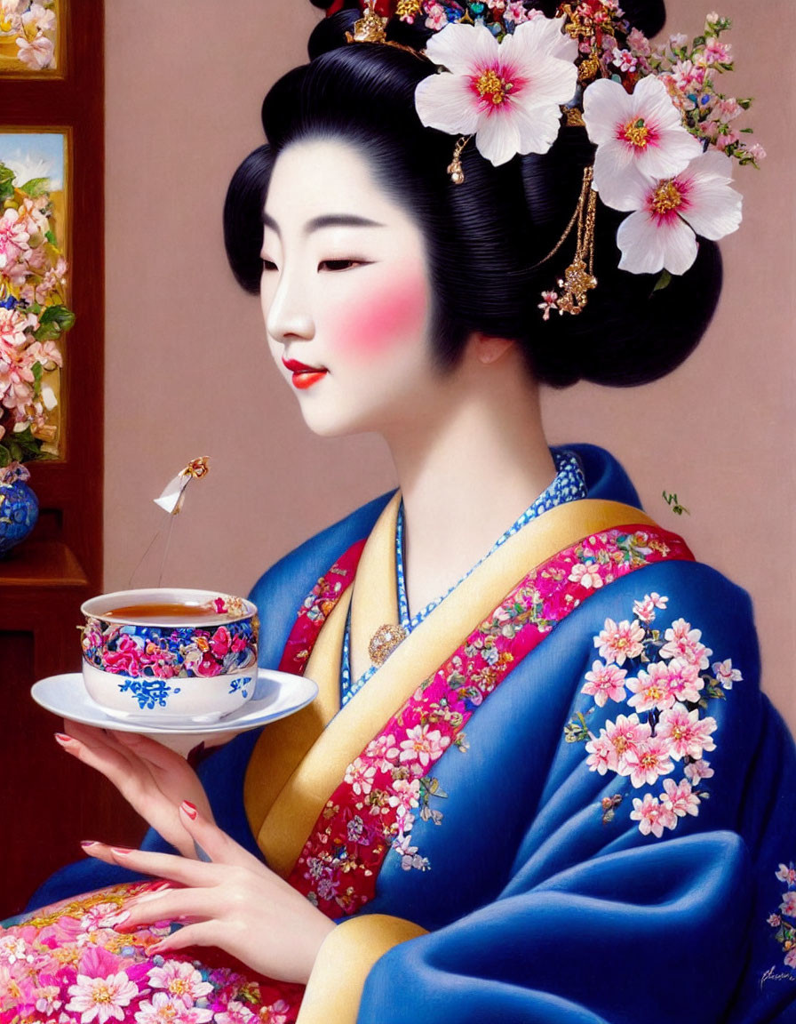 Traditional Japanese attire woman with tea cup and butterfly in floral setting