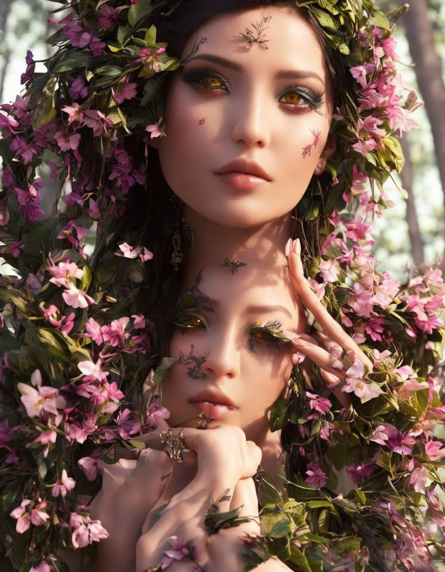 Person with nature-themed makeup and floral crown touching mirrored surface among pink flowers