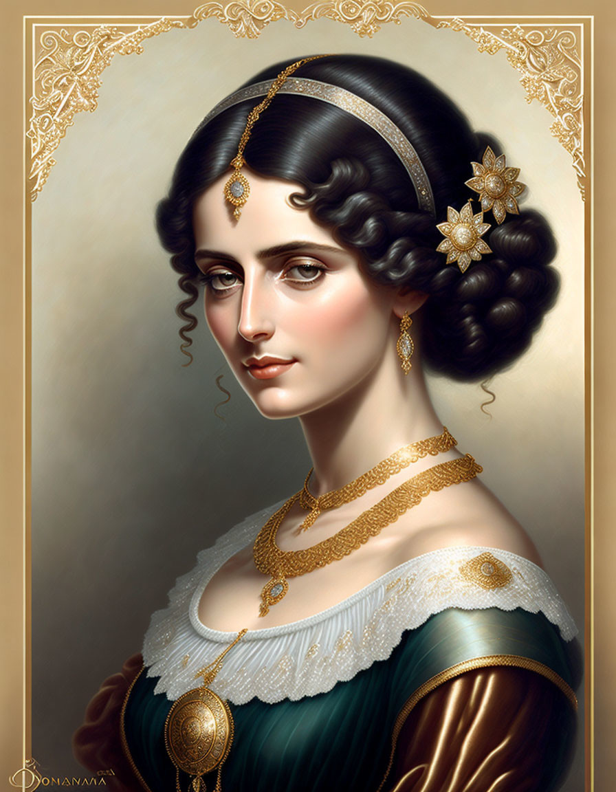 Victorian-era woman illustration with elegant jewelry and green dress