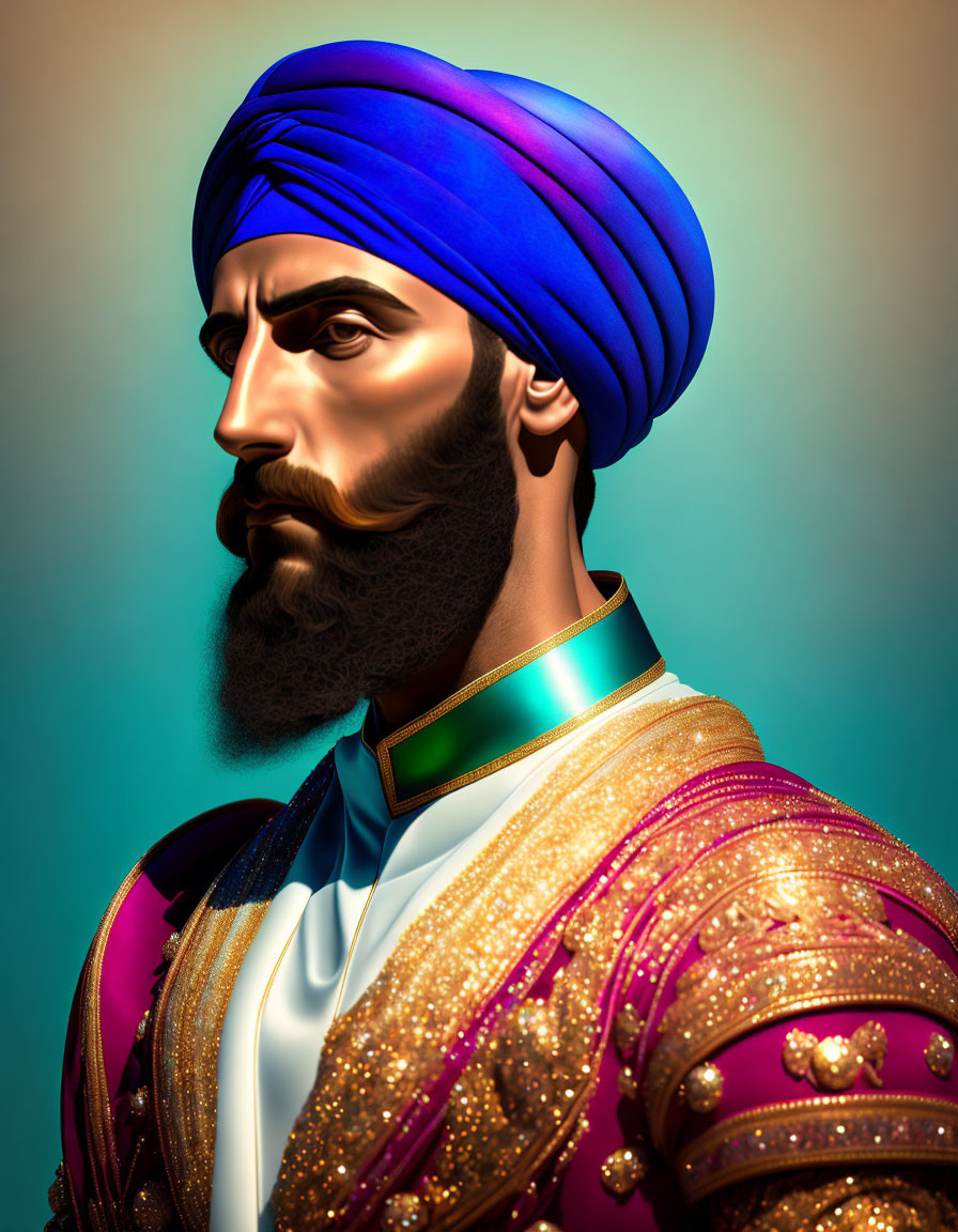 Detailed illustration of stern man in blue turban with thick black beard and ornate purple and gold attire