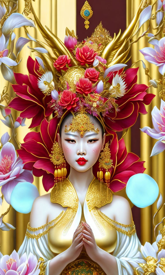 Golden headdress deity illustration with red flowers, serene expression, clasped hands, gold and red attire