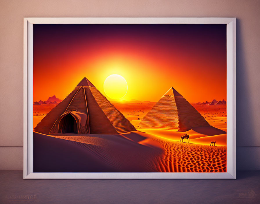 Artwork of Egyptian pyramids and Bedouin tent at sunset in desert landscape