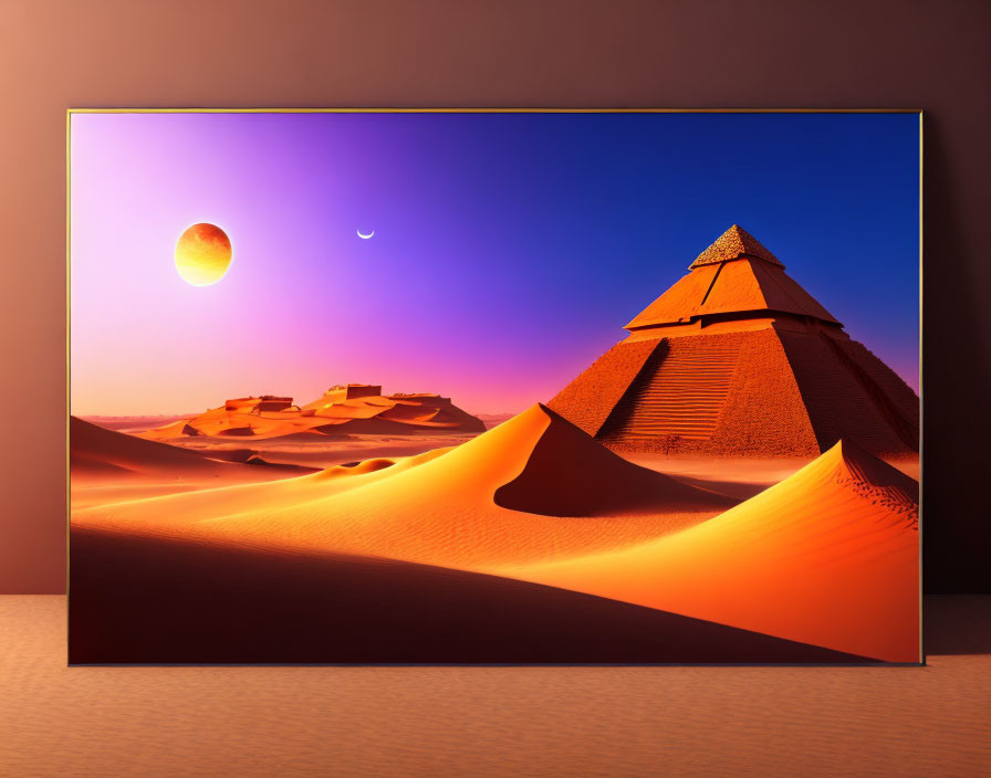 Digital artwork of pyramids, sand dunes, and oversized sun in purple sky on monitor in softly