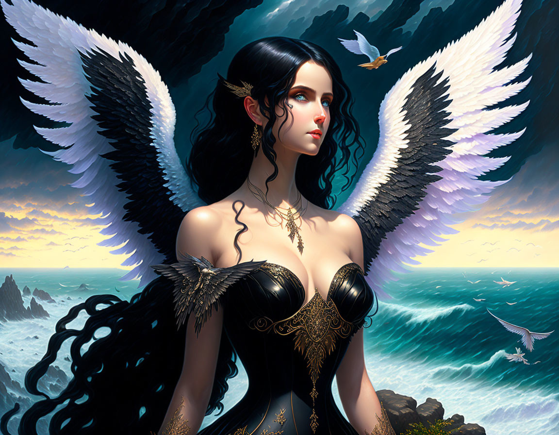 Illustrated female figure with white wings and black hair by stormy sea.