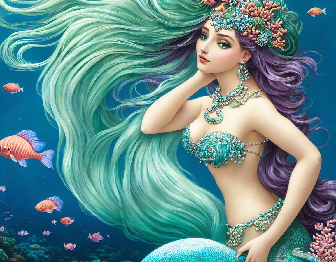 Illustrated mermaid with green hair, teal tail, and underwater fish scene