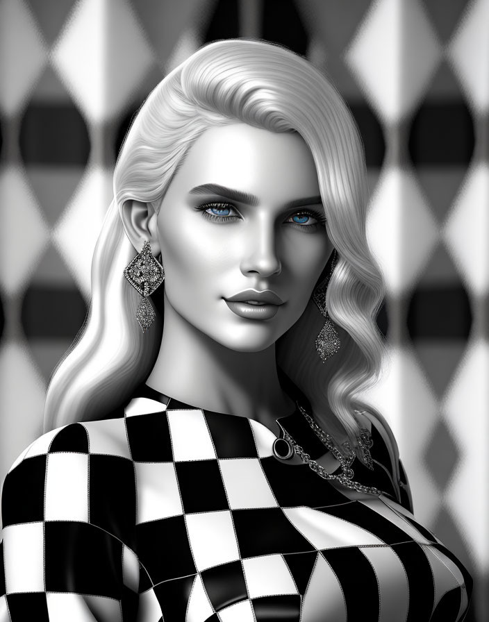 Grayscale image of woman with blue eyes, blonde hair, checkered attire, ornate earrings