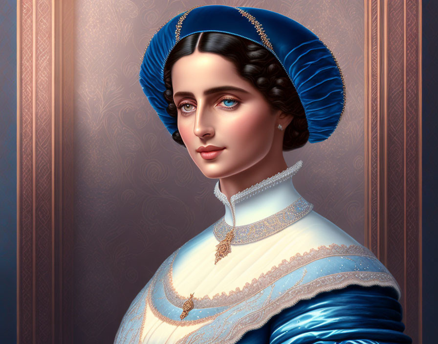 Traditional Attire Portrait: Woman in Blue Bonnet and Pearl Necklace