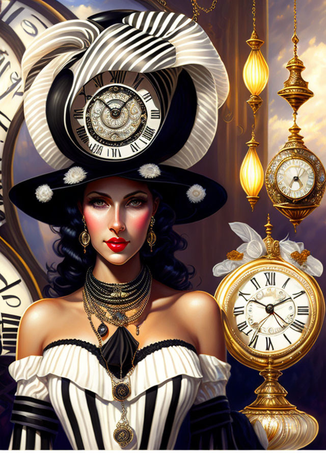 Stylized portrait of woman with dark hair in striped hat with clock design, surrounded by floating clocks