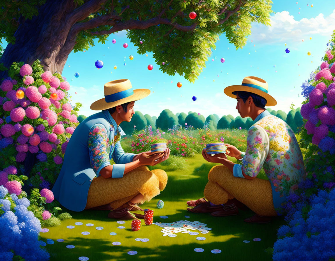 Two individuals in straw hats playing board game in colorful landscape.