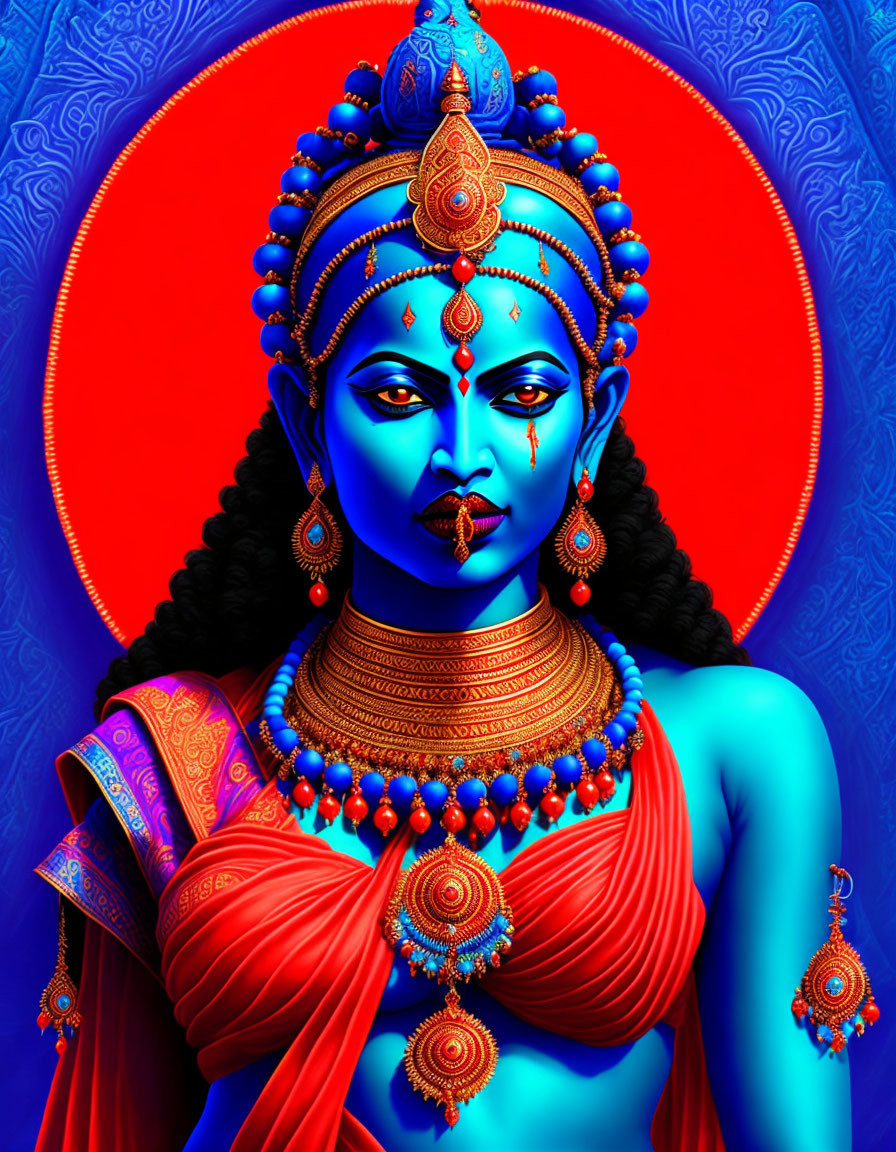 Blue-skinned deity with four hands in red and gold attire on vibrant background