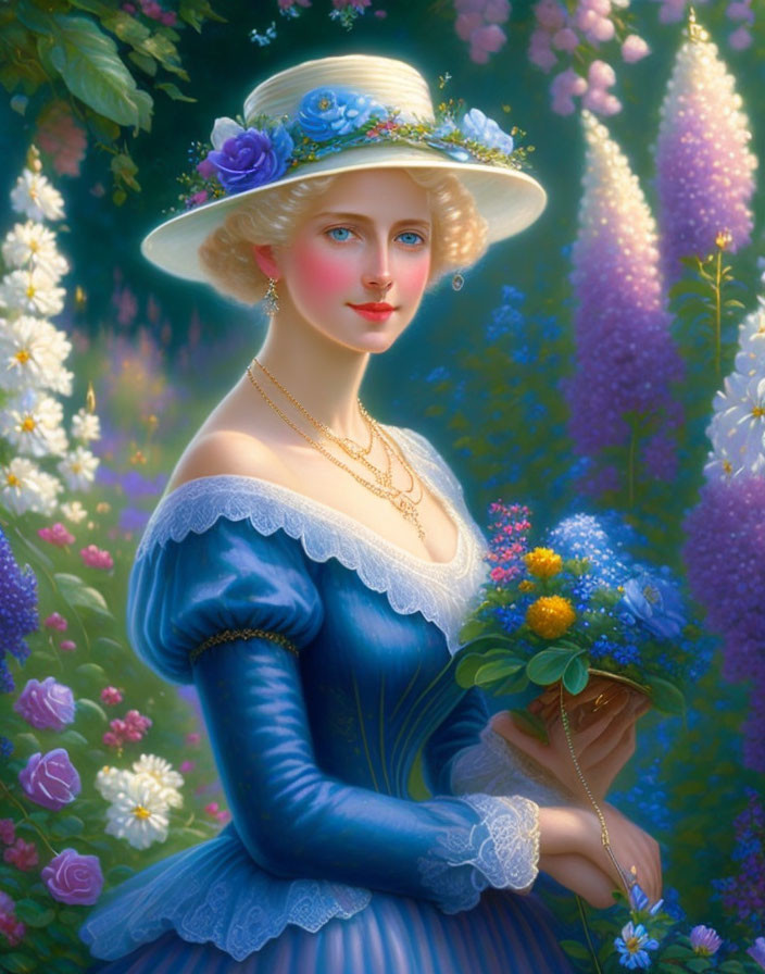 Woman in Blue Dress with Flowers in Lush Garden