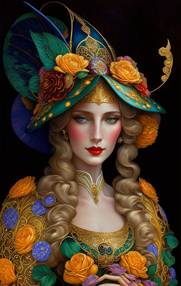 Illustrated woman with green eyes, golden headwear, butterflies, and flowers