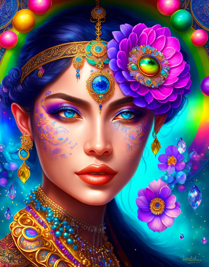 Colorful digital portrait of a woman with blue skin and gold jewelry against kaleidoscopic backdrop