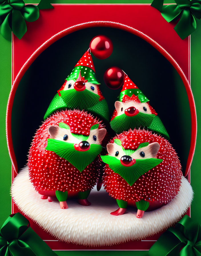 Adorable hedgehogs in Christmas hats on festive background