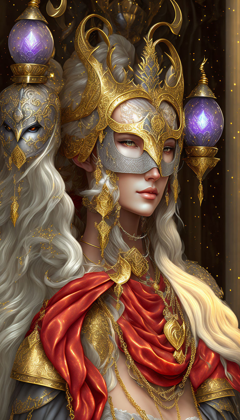 Fantasy portrait with golden mask, headdress, white hair, red cloak