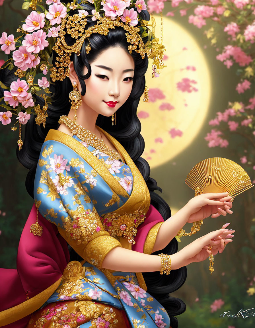 Traditional East Asian woman in floral attire with fan on floral background