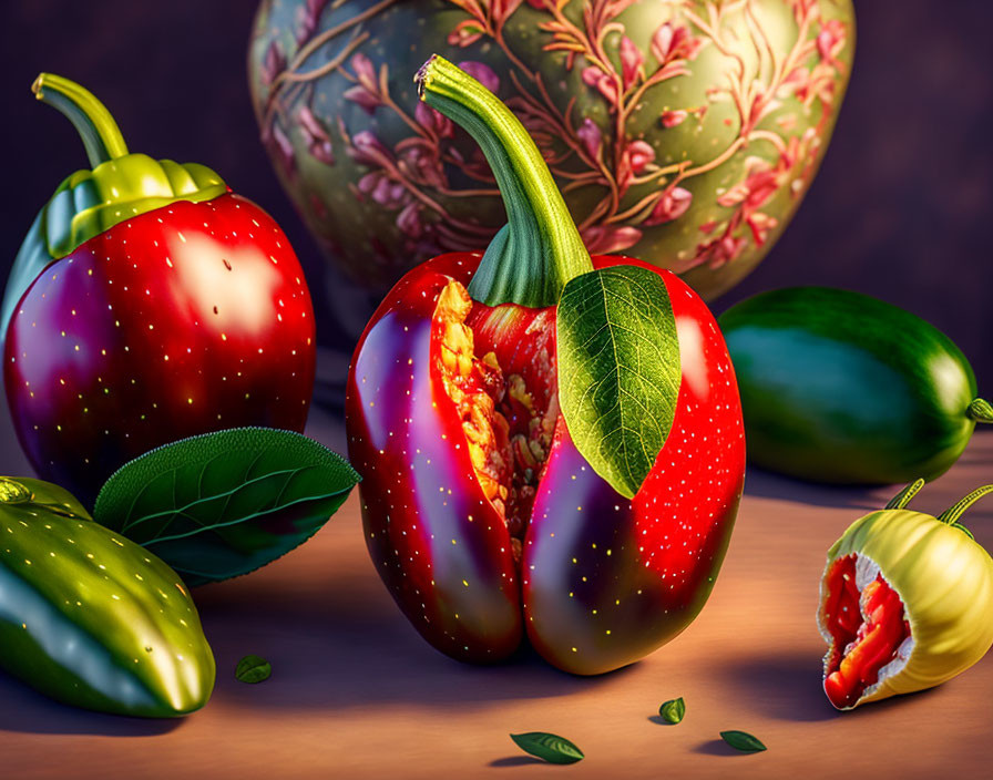 Colorful digital artwork featuring stylized vegetables like starry bell pepper and patterned melon