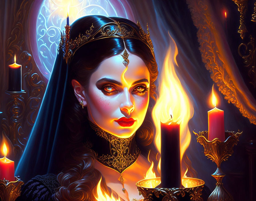 Regal woman with jeweled crown and candles in mystical setting