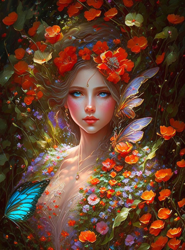 Fantastical portrait of woman with butterfly wings and floral crown among vibrant flowers