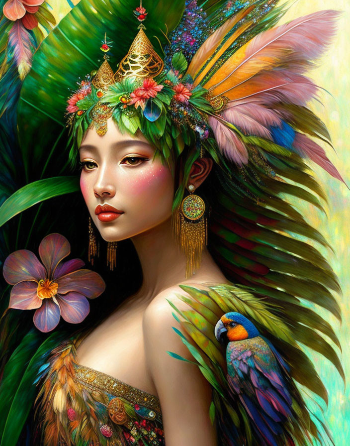 Woman with vibrant headpiece, feathers, parrot, and lush backdrop