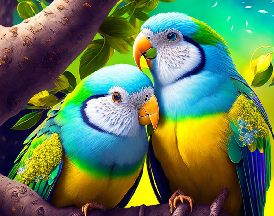 Colorful Parakeets Touching Beaks on Branch in Greenery