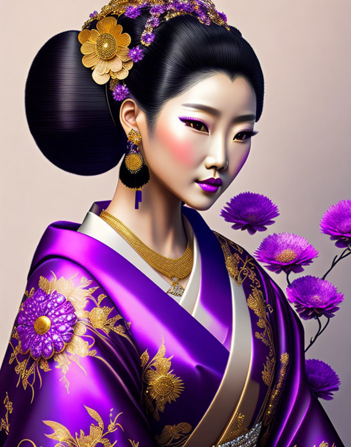 Illustrated Woman in Traditional East Asian Attire with Gold Adornments