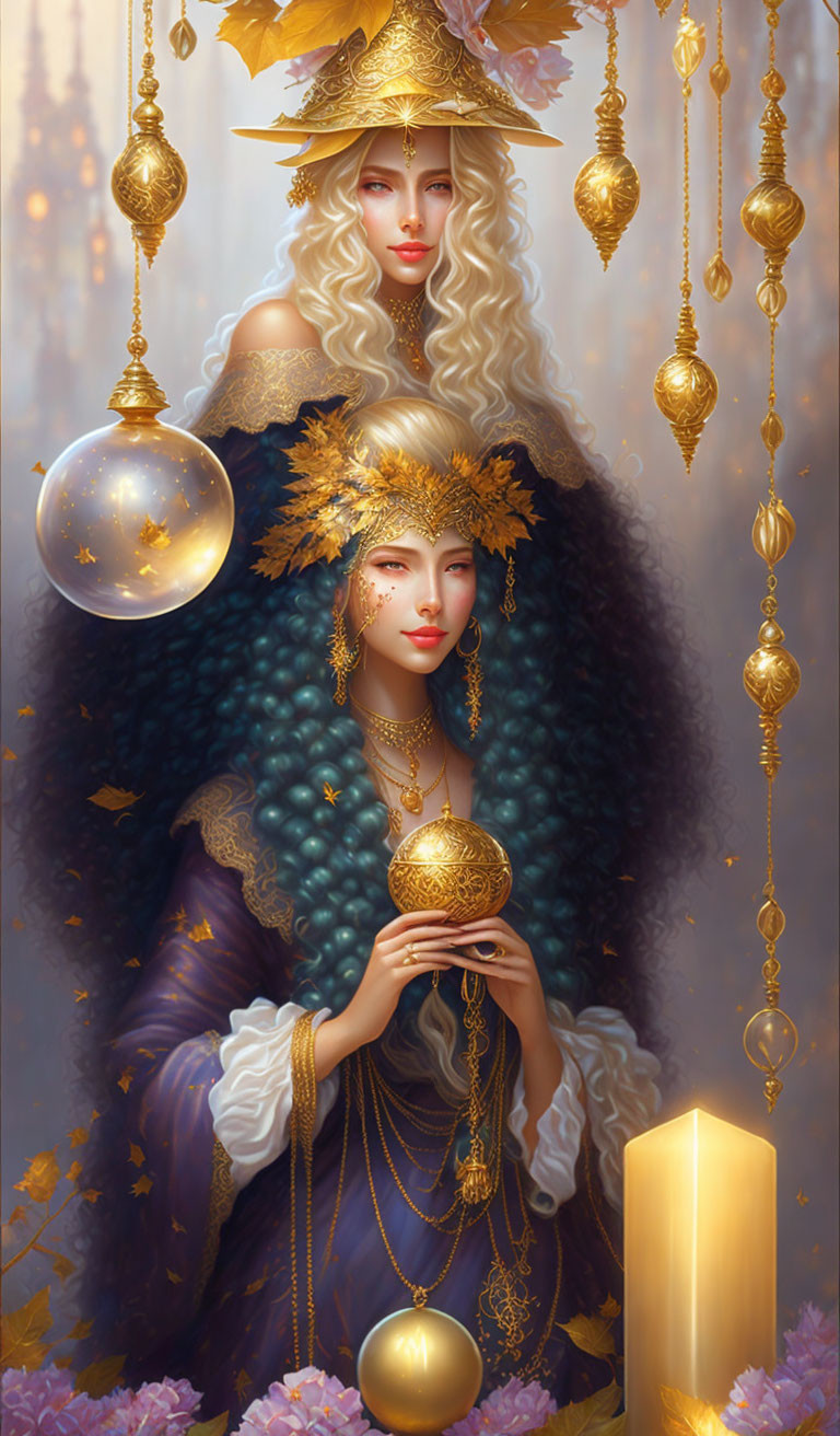 Illustration of Two Women in Golden Jewelry and Headdresses surrounded by Ornaments and Candles