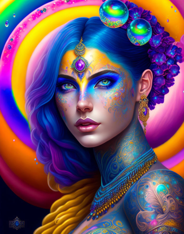 Colorful digital portrait of a woman with blue skin and multicolored hair.