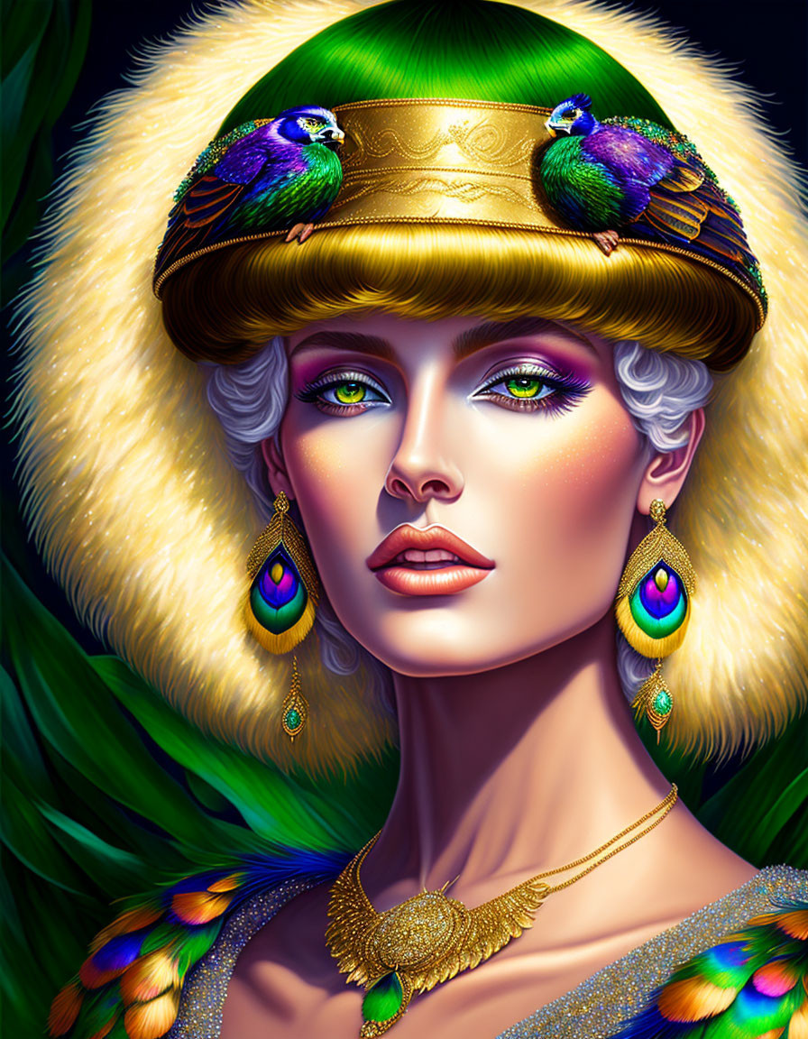 Portrait of woman with peacock feathers, gold hat, and earrings on dark leafy background