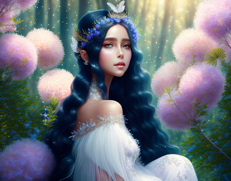 Fantastical woman with blue hair in white dress among pink plants