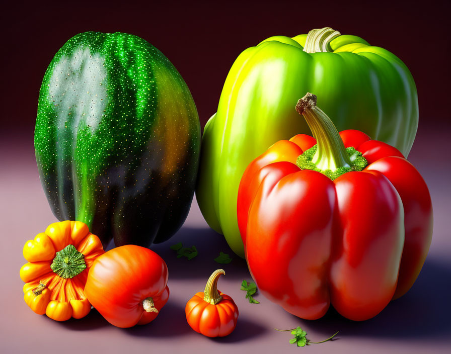 Colorful Still Life with Zucchini, Bell Peppers, Pumpkins, and Herbs