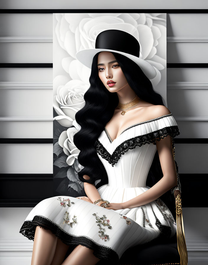 Elegant woman with long black hair in white dress and wide-brimmed hat on floral backdrop