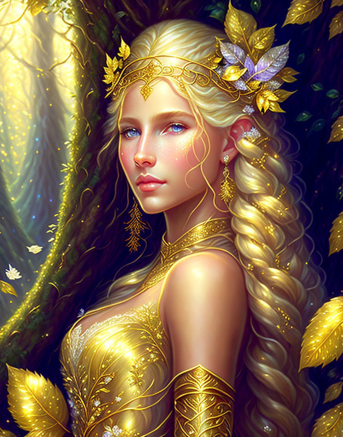 Fantasy illustration of woman in golden leaves by glowing tree