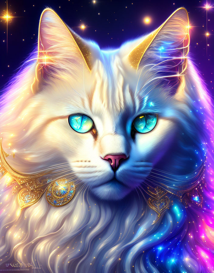 Majestic white cat with blue eyes in cosmic setting