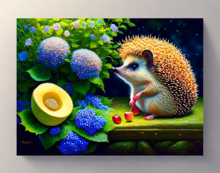 Vibrant painting of hedgehog with blueberries and melon under starry sky