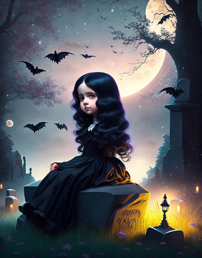 Girl sitting on tombstone in moonlit cemetery with bats and lantern.