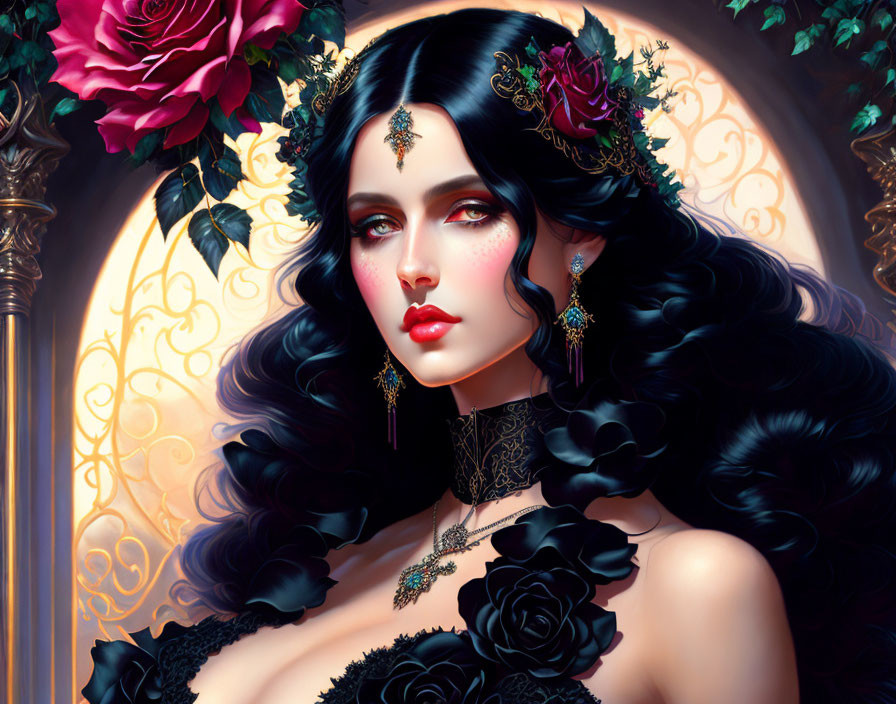 Black-haired woman in golden headpiece and roses, adorned with jewelry.