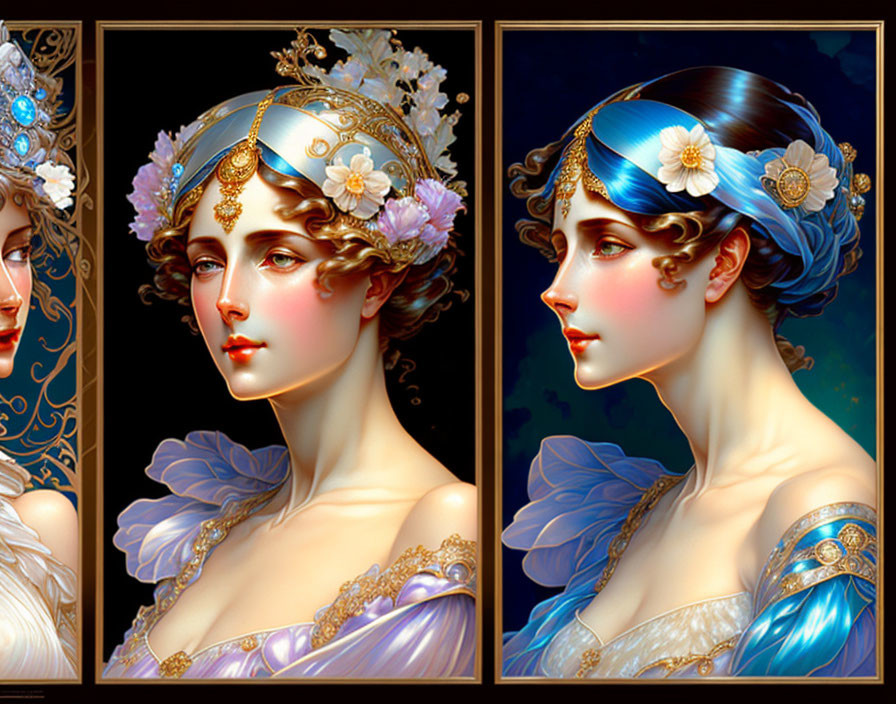 Stylized digital art: Elegant women in ornate headdresses, blue and gold attire, reg