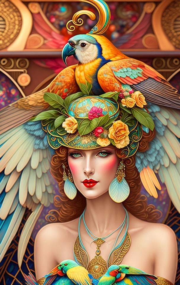 Vibrant bird-themed attire on illustrated woman