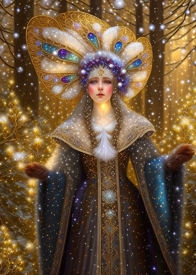 Fantastical female figure in jewel-encrusted headpiece and shimmering gown in golden forest