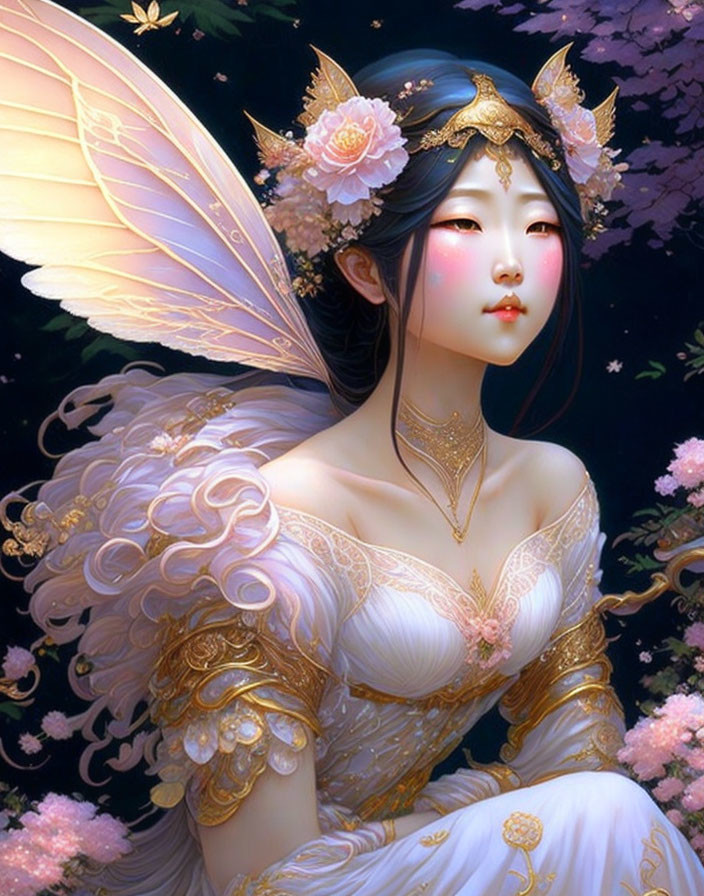 Fantastical illustration of a woman with translucent wings and floral crown