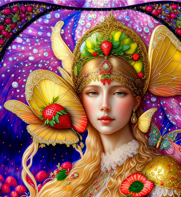 Colorful fairy with butterfly wings and golden headdress in starry setting