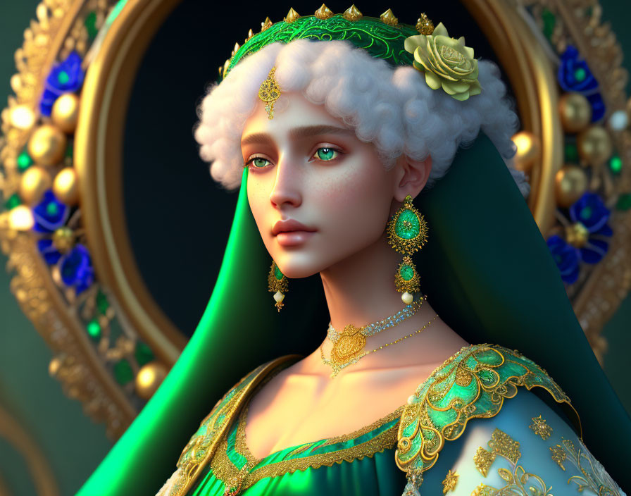 Portrait of woman with curly white hair in Renaissance attire with gold and emerald jewelry mirror background