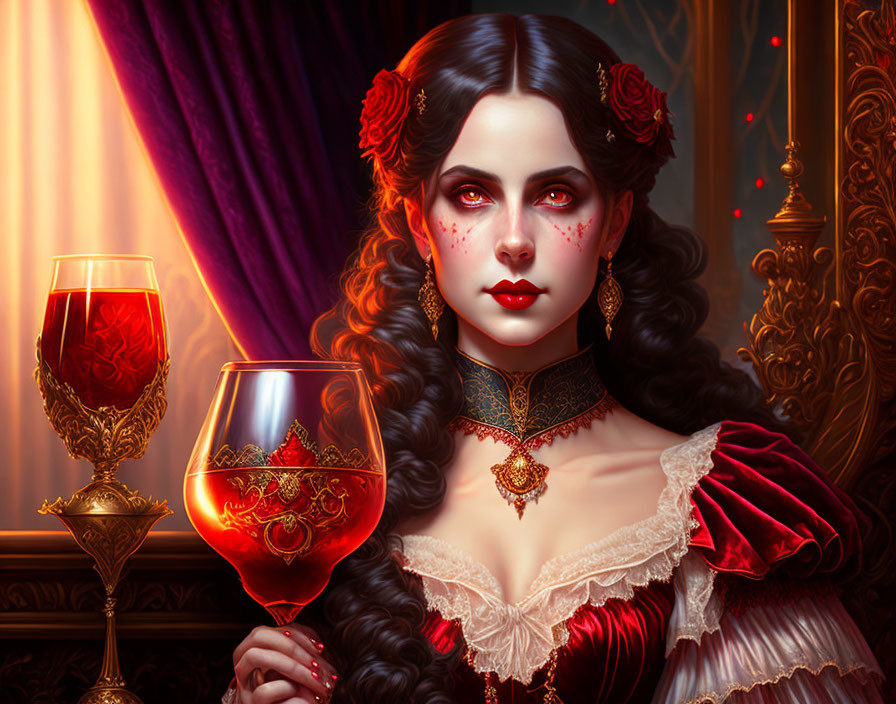 Illustration of pale woman in red Victorian dress with goblet and gothic elements