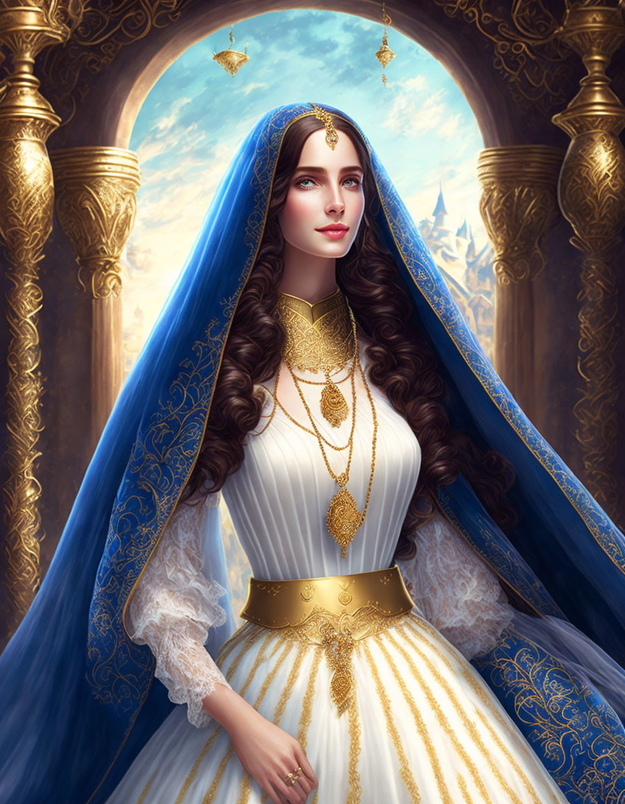 Regal woman in golden gown and blue veil before castle backdrop exudes elegance