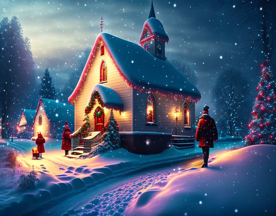 Person in red coat walking towards illuminated Christmas church on snowy night