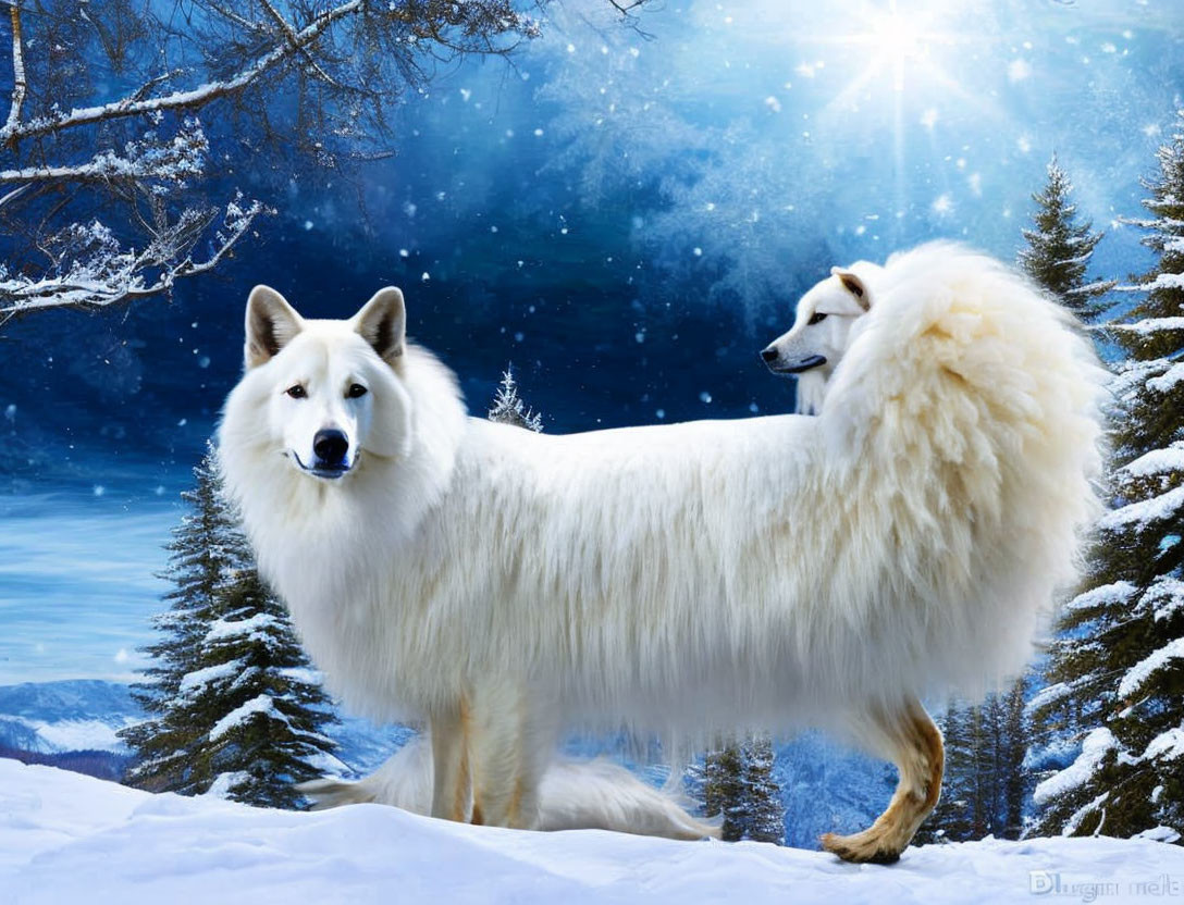 White Dog Standing in Snowy Landscape with Trees and Bright Sky