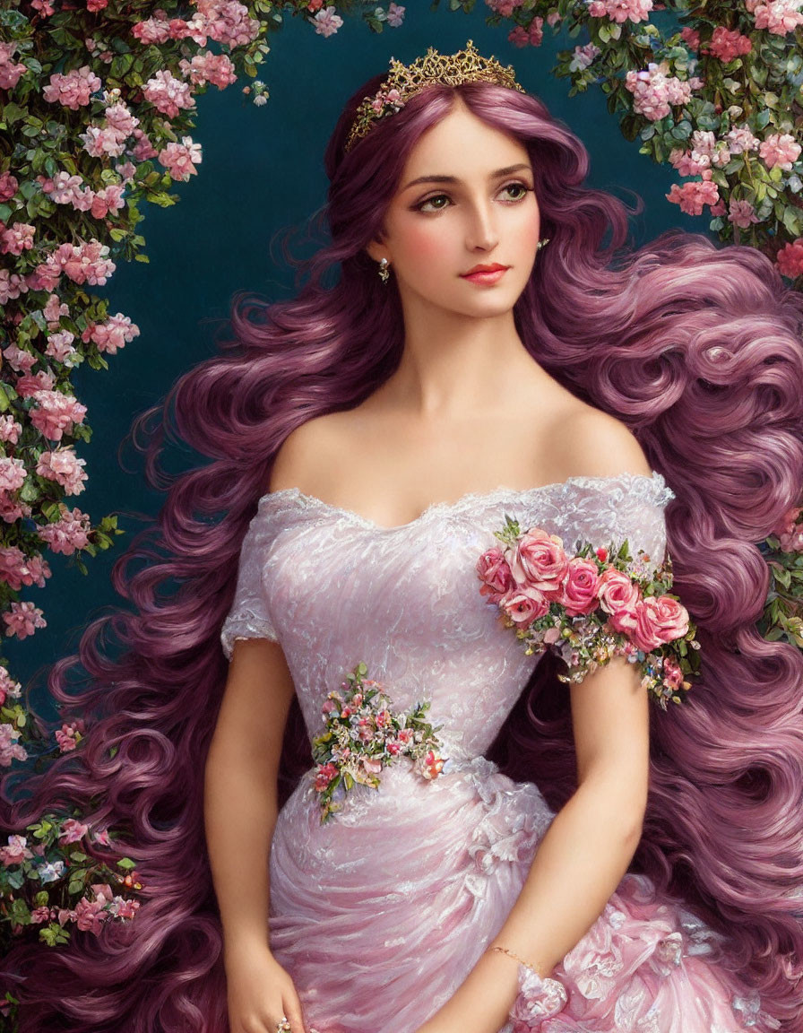 Portrait of woman with long wavy purple hair, wearing pink tiara and floral dress against rose backdrop