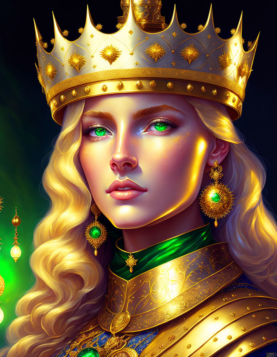 Regal woman with golden hair, crown, earrings, and royal attire